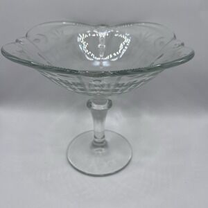Vtg Compote Pedestal Glass Bowl Etched Leaves Ruffled Curved Edge Clear 6.5"